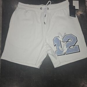 Men's White Athletic Shorts with Blue '12' Graphic and Dove Detail